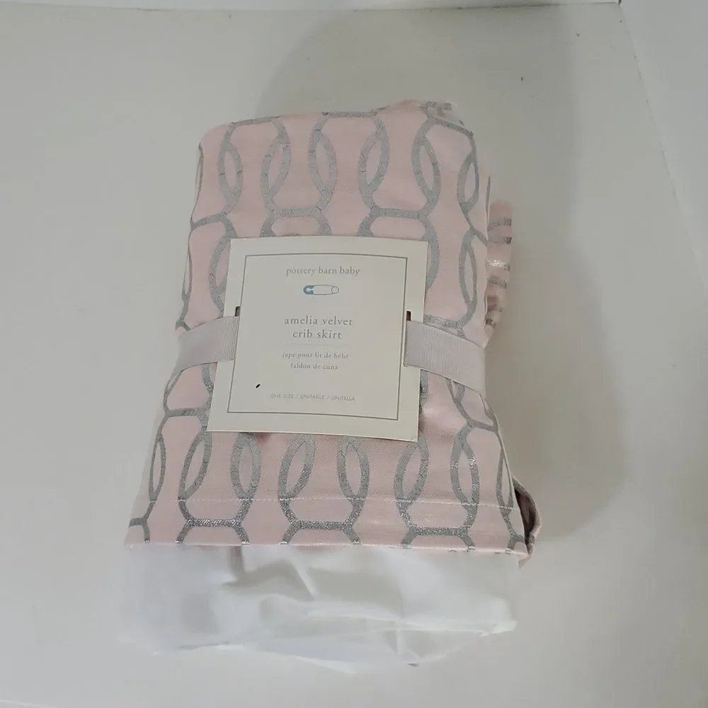 Pottery Barn Baby Amelia Pink and Silver Velvet Crib Skirt NWT